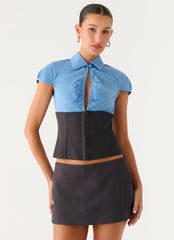 Harlee Poplin Suiting Top - Charcoal