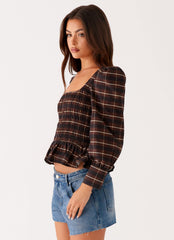 Joyce Long Sleeve Cotton Shirred Top - Chocolate Check