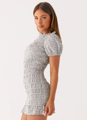 Millicent Ruched Mini Dress - Grey Check