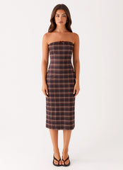 Niko Strapless Midi Dress - Brown Black Check