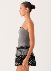 Yerin Strapless Frill Mini Dress - Grey Polkadot