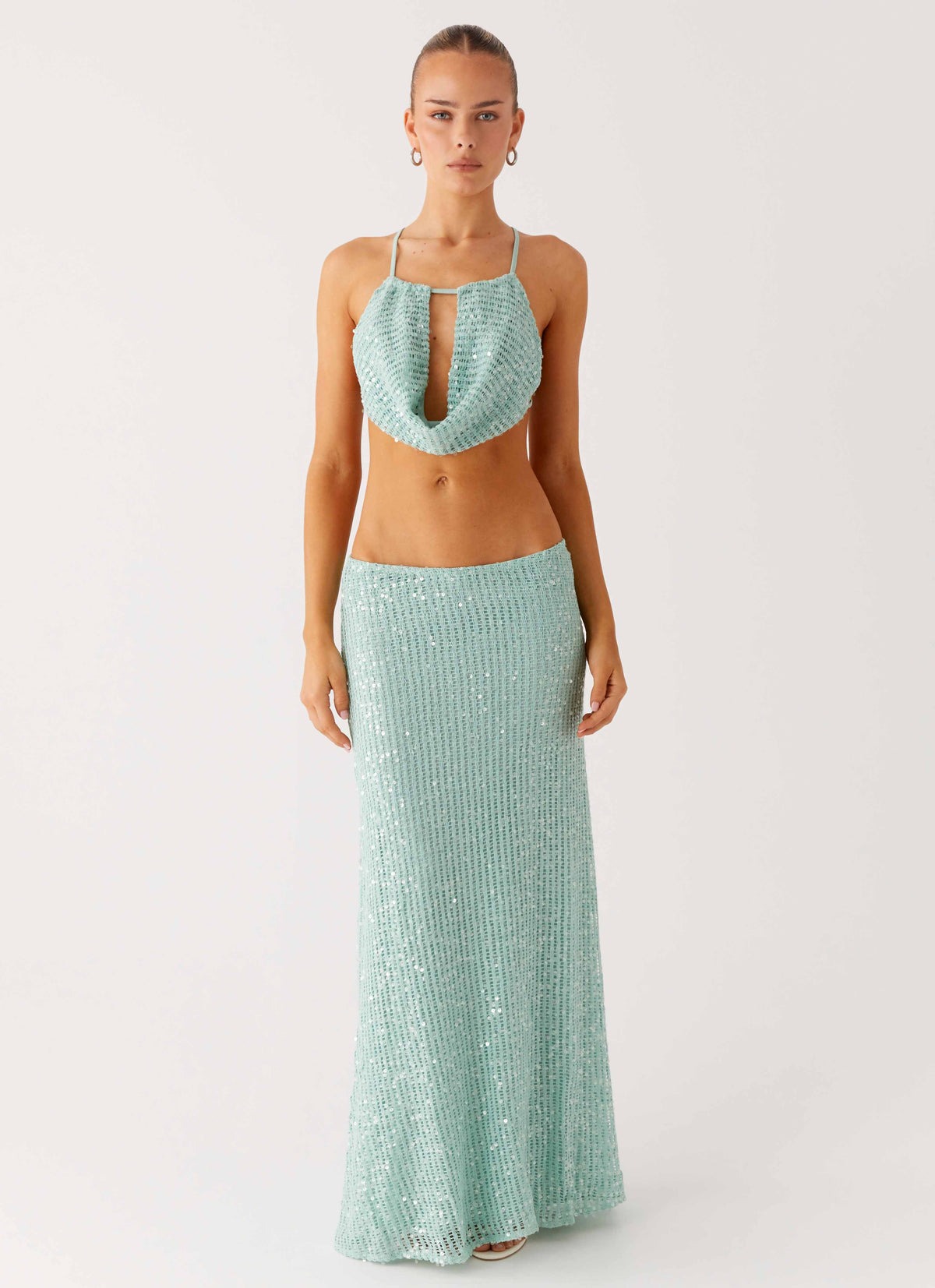Amoura Sequin Low Rise Maxi Skirt - Mint Sage
