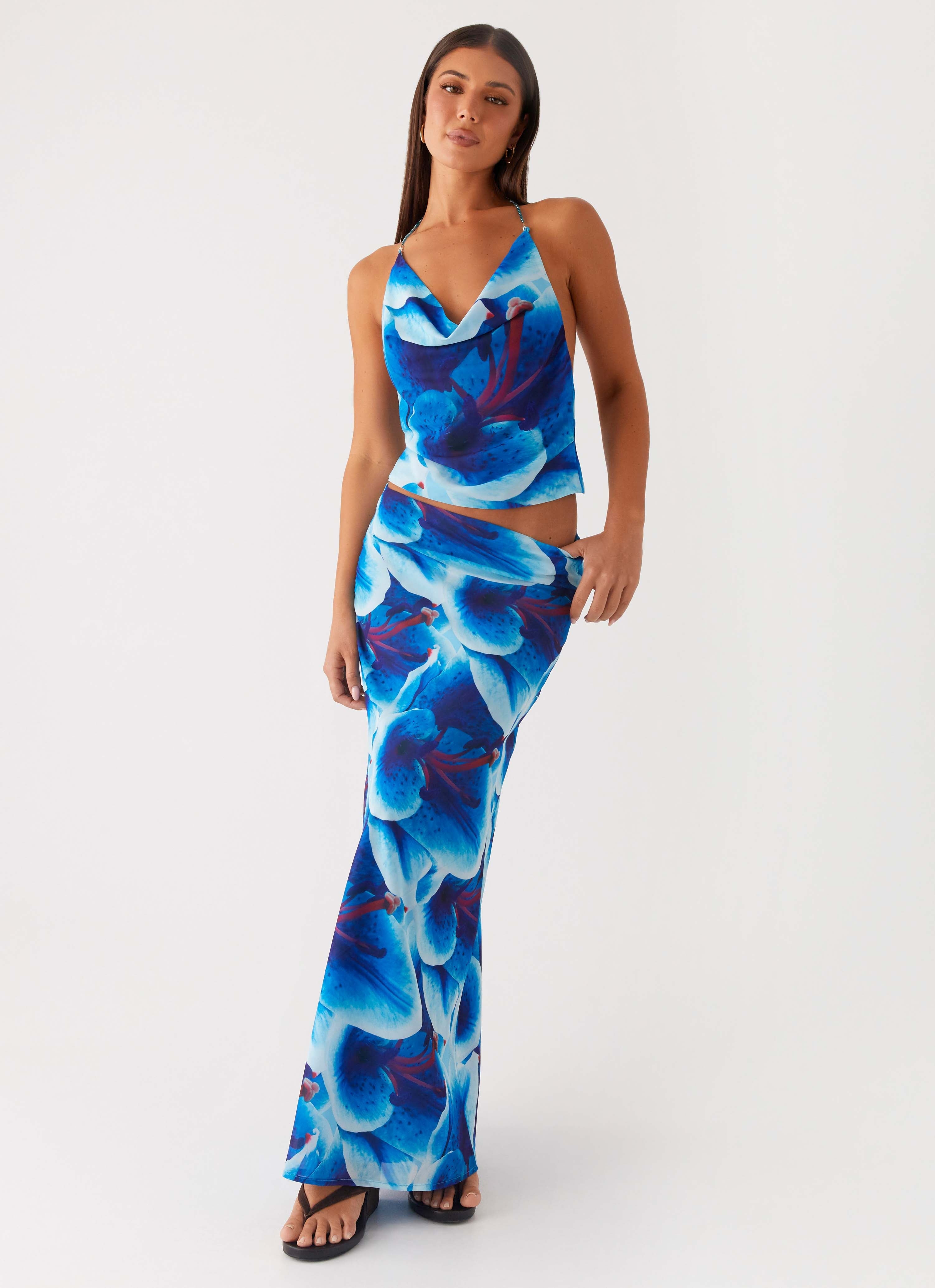 Another Life Chiffon Maxi Skirt - Turquoise Floral