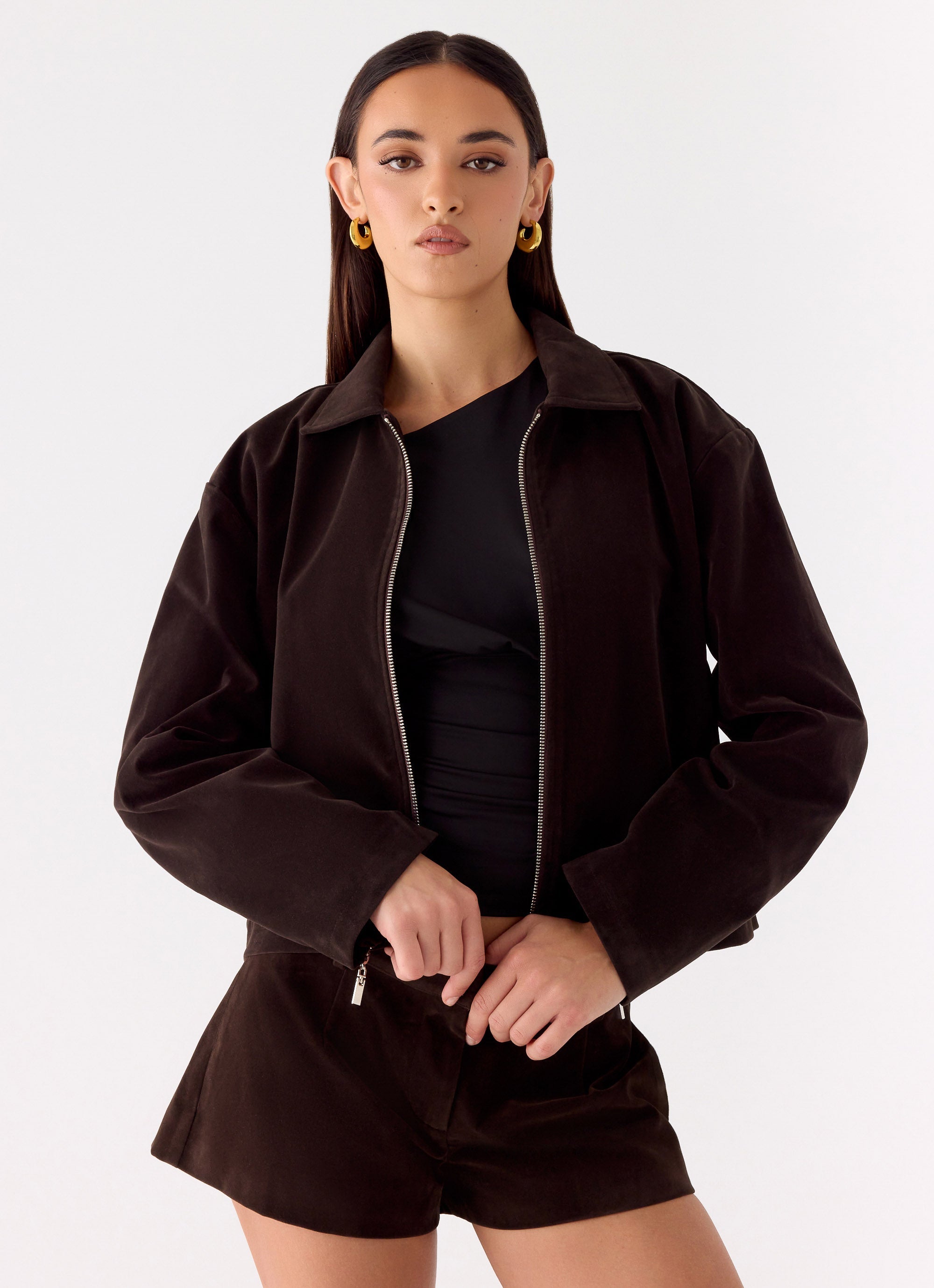 Austina Faux Suede Boxy Jacket - Chocolate