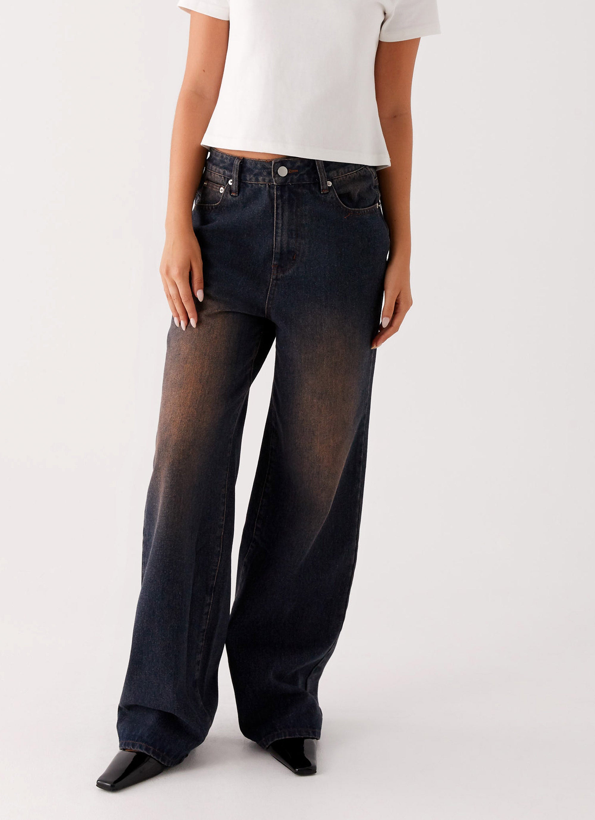 Back Again Straight Leg Denim Jeans - Brown Blue Acid Wash