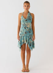 Bad Alive Halter Hanky Mini Dress - Aqua Blur