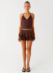 Bahama Eyelet Lace Up Top - Chocolate Strawberry Dot