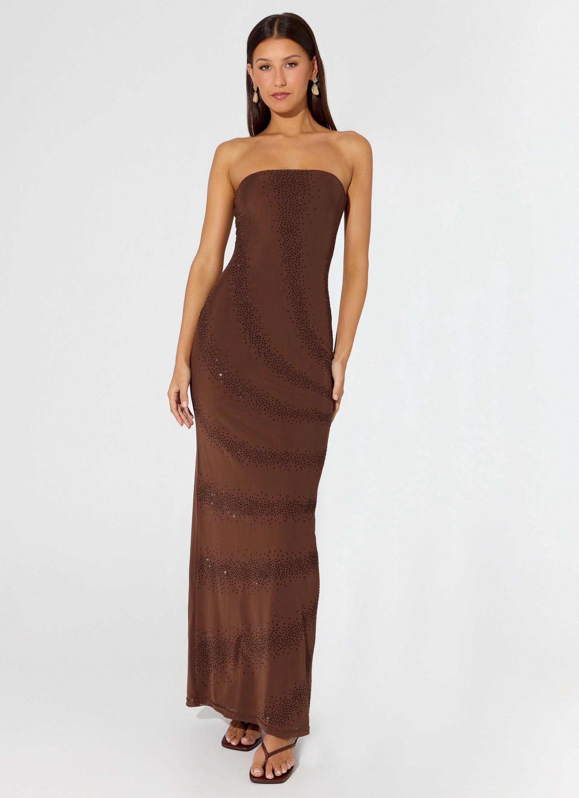 Belisse Beaded Mesh Maxi Dress - Chocolate