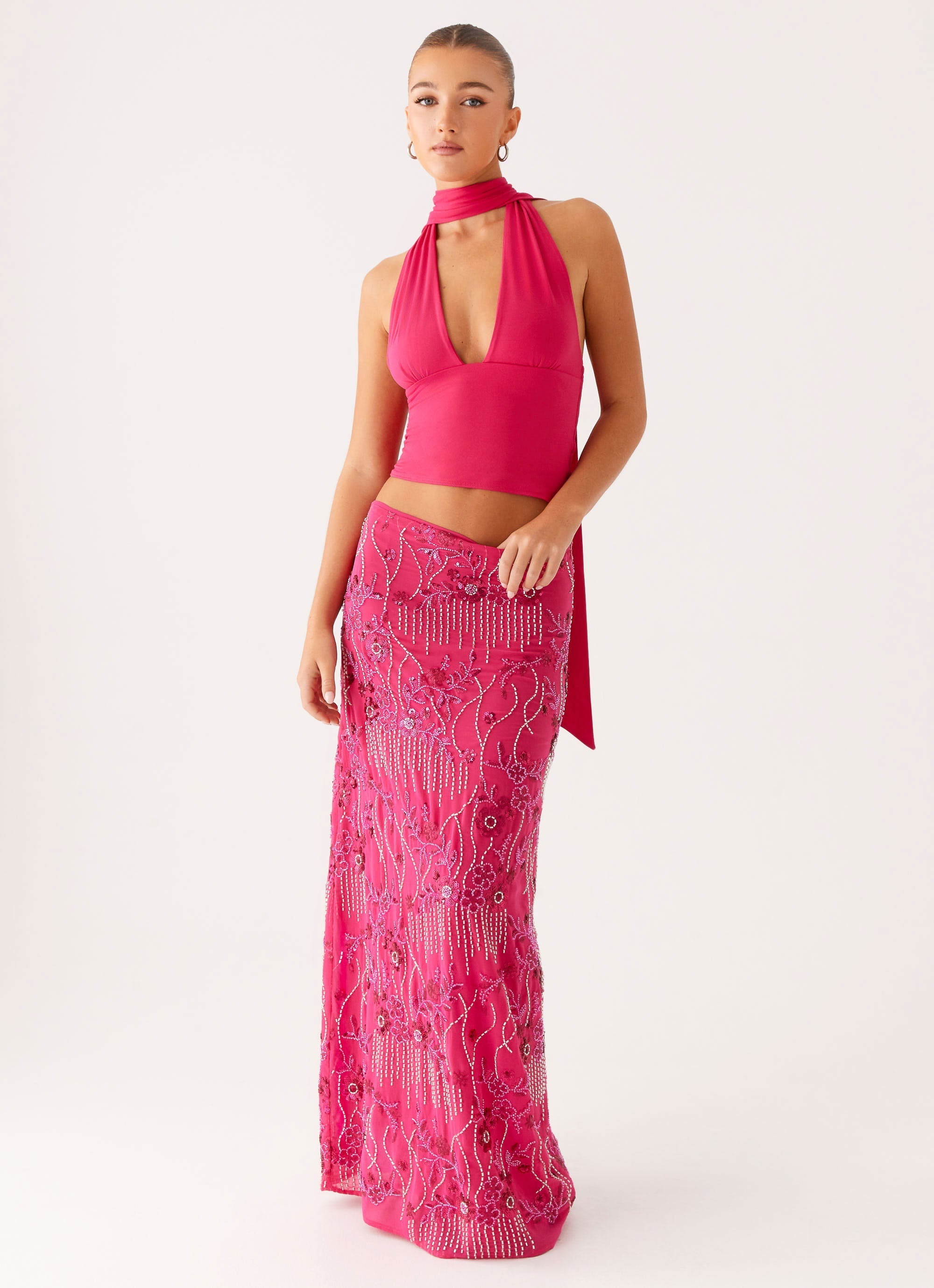 Corinna Low Rise Sequin Maxi Skirt - Fuchsia