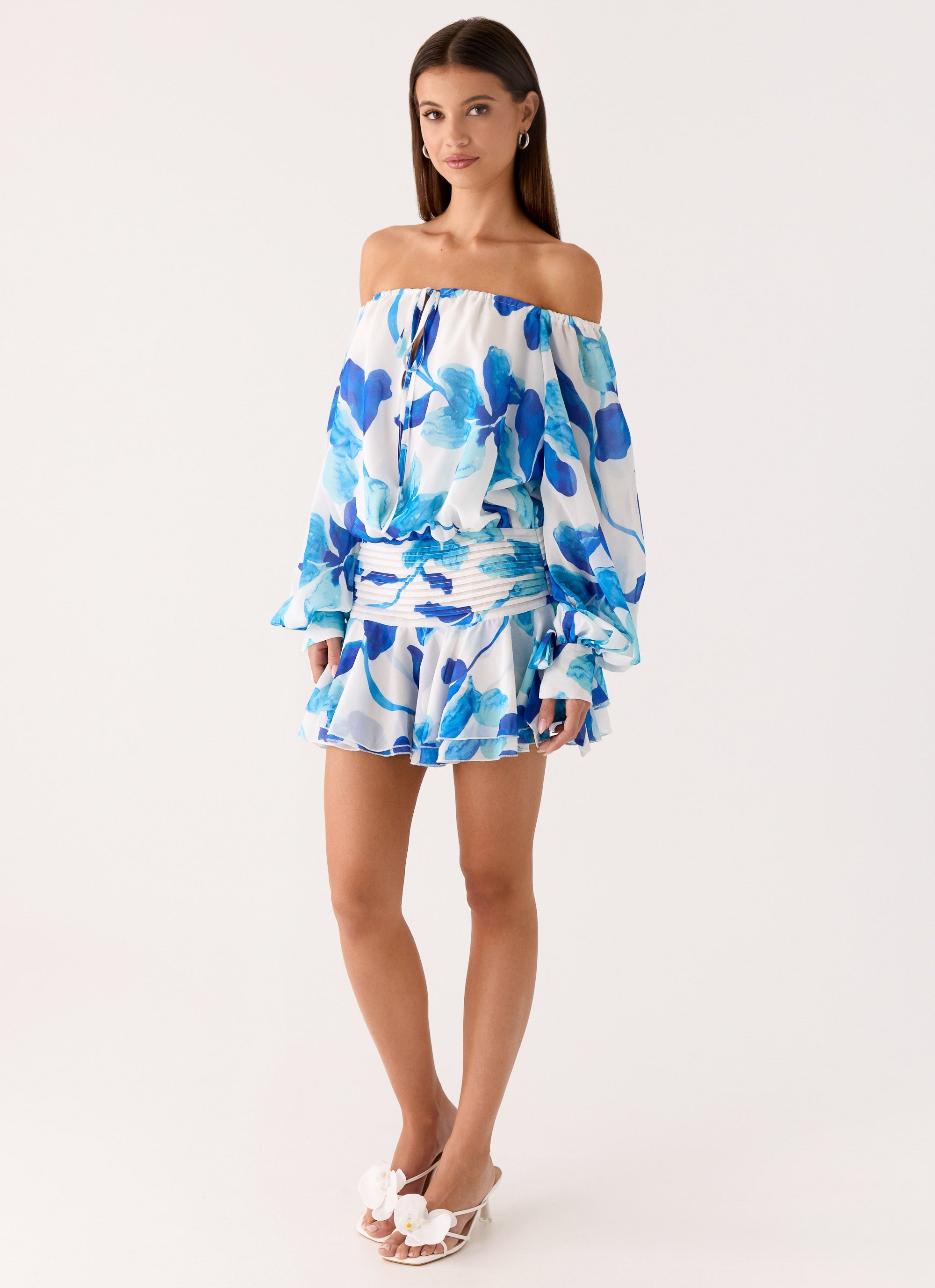 Eira Balloon Sleeve Mini Dress - Cerulean Bloom