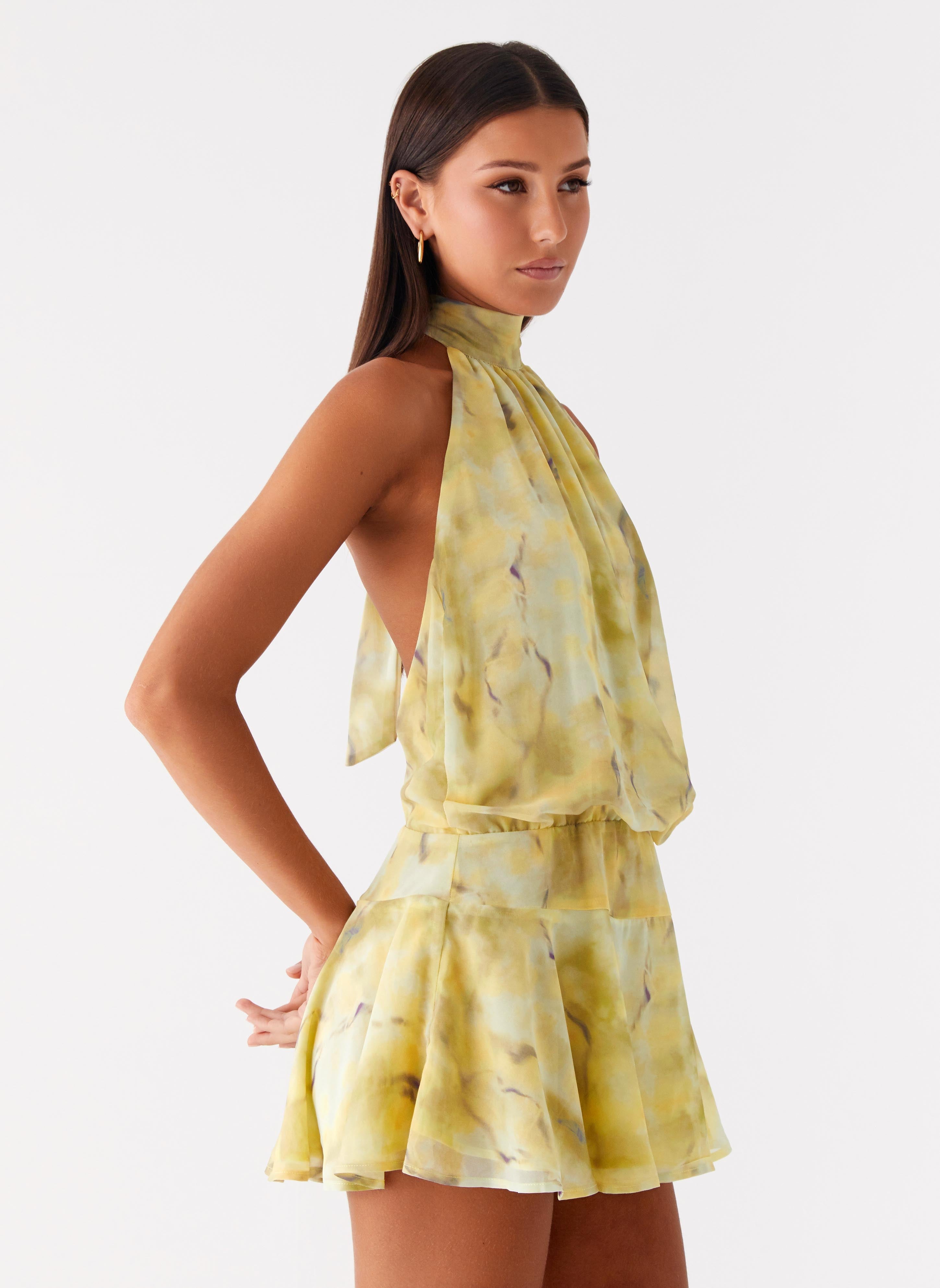 First Date Halter Mini Dress - Yellow Tie Dye