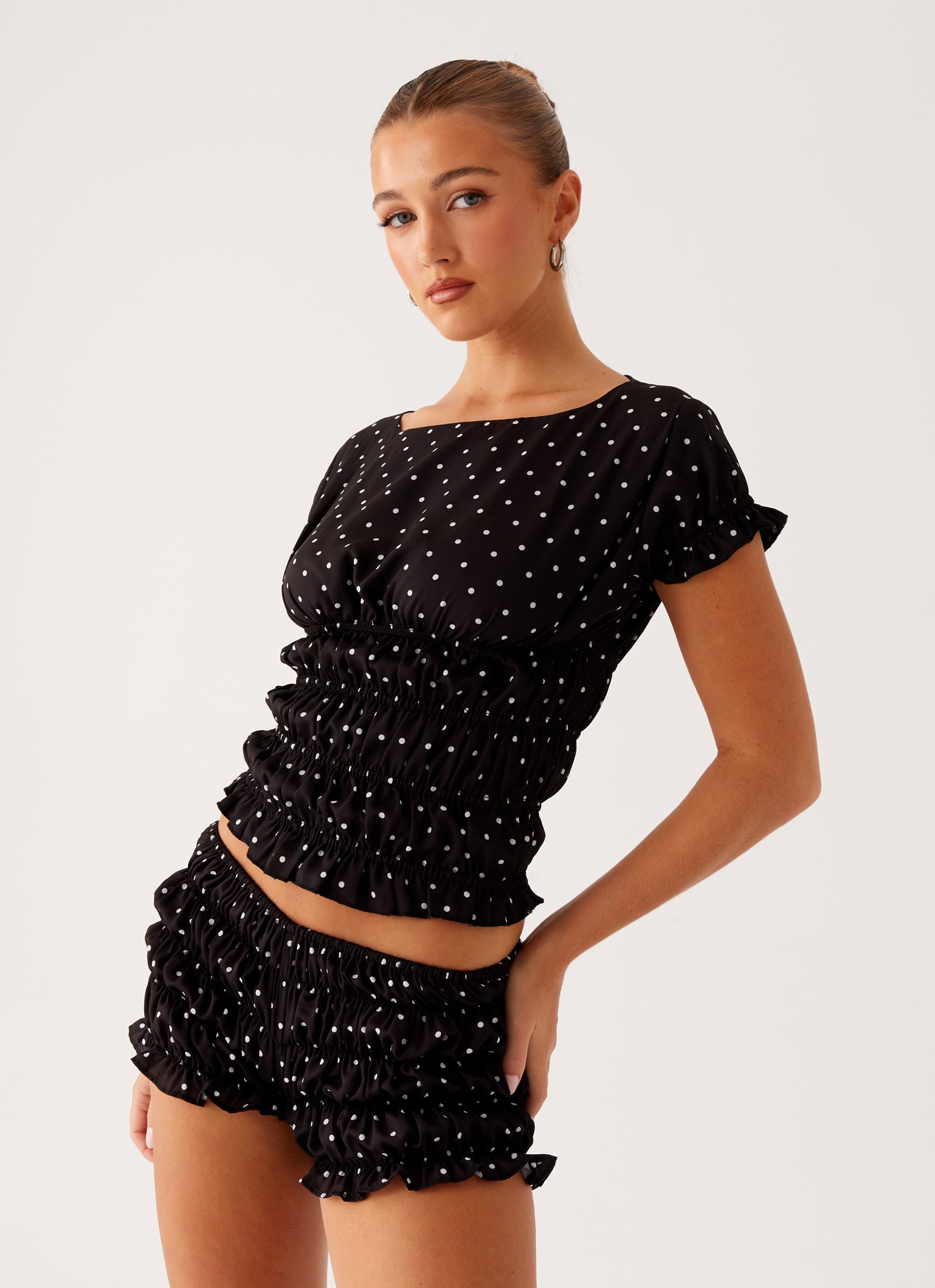 Girls Like Us Ruched Mini Shorts - Black Polka Dot
