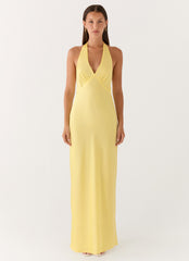 Heavy Hearted Satin Maxi Dress - Lemon
