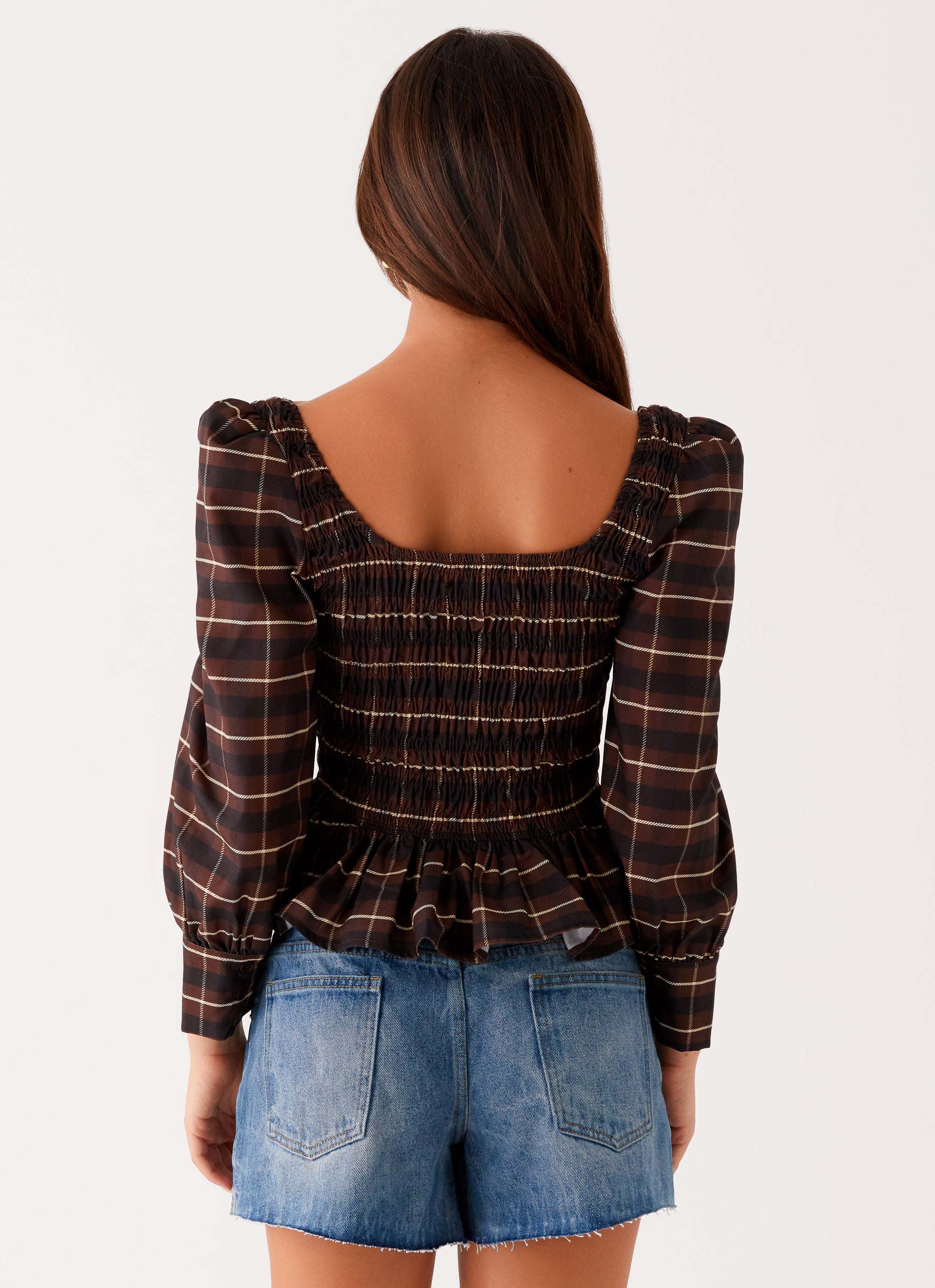 Joyce Long Sleeve Cotton Shirred Top - Chocolate Check
