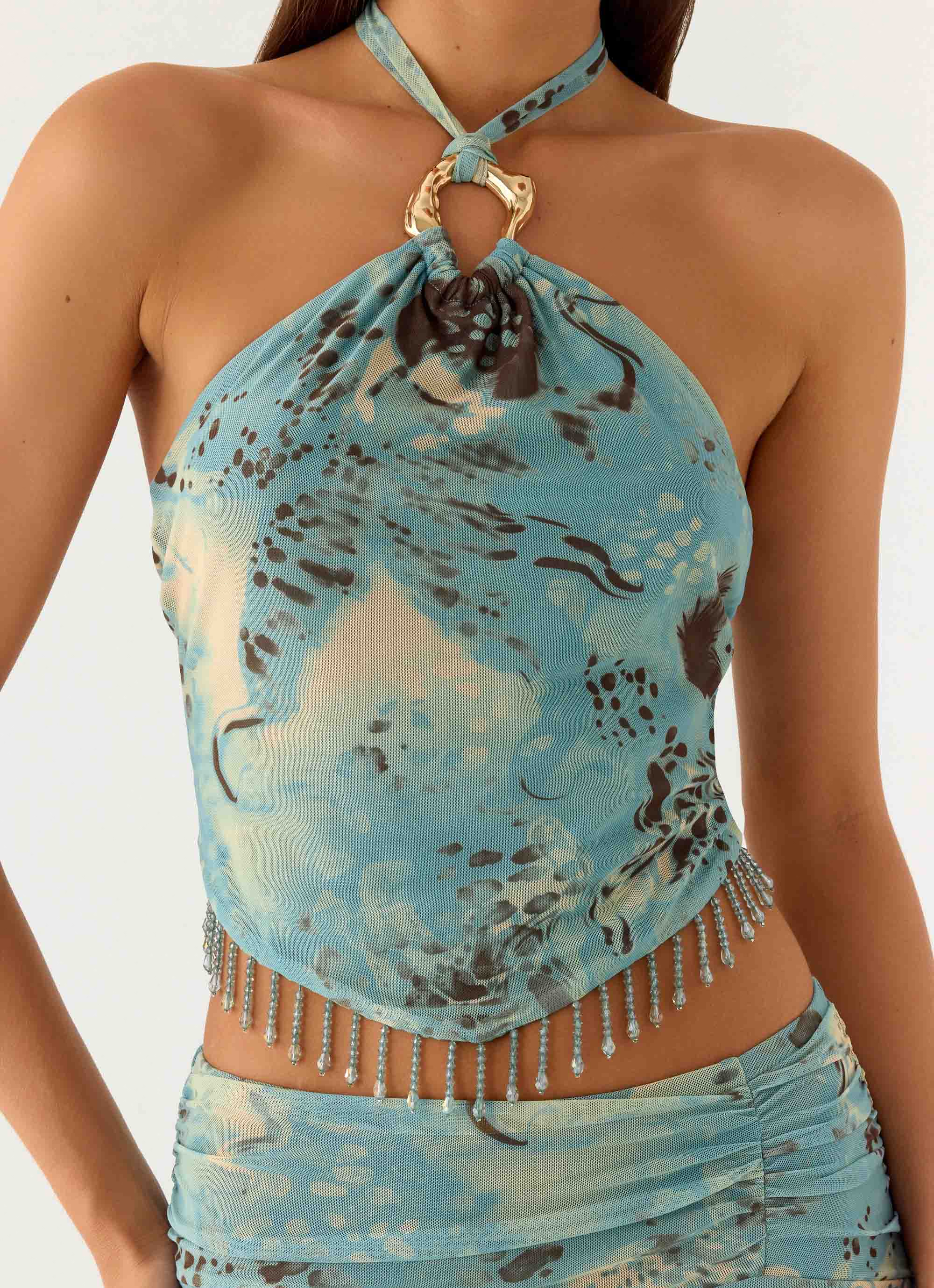 Lloyd Beaded Halter Top - Aqua Blur