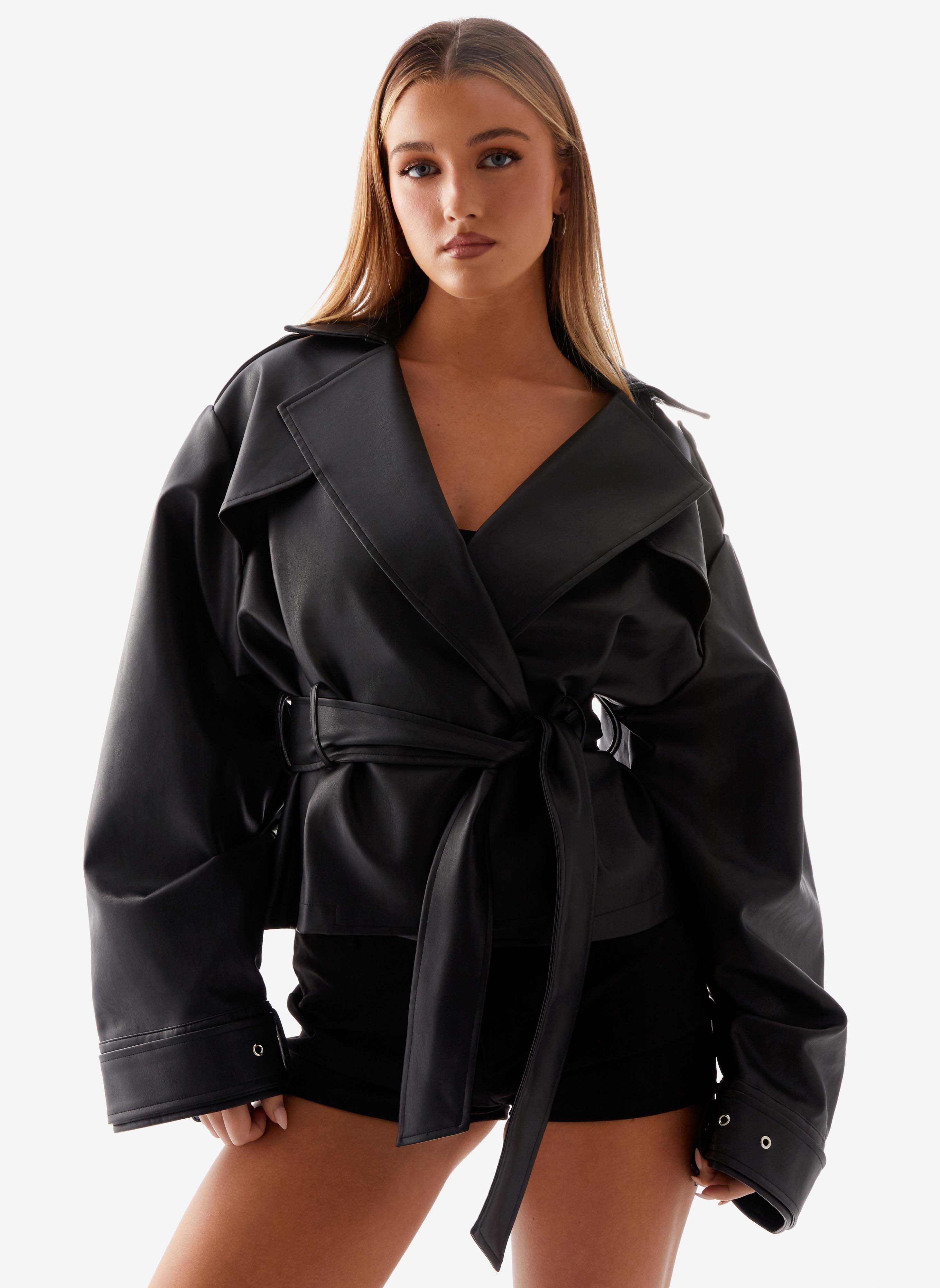 Midtown Faux Leather Trench - Black