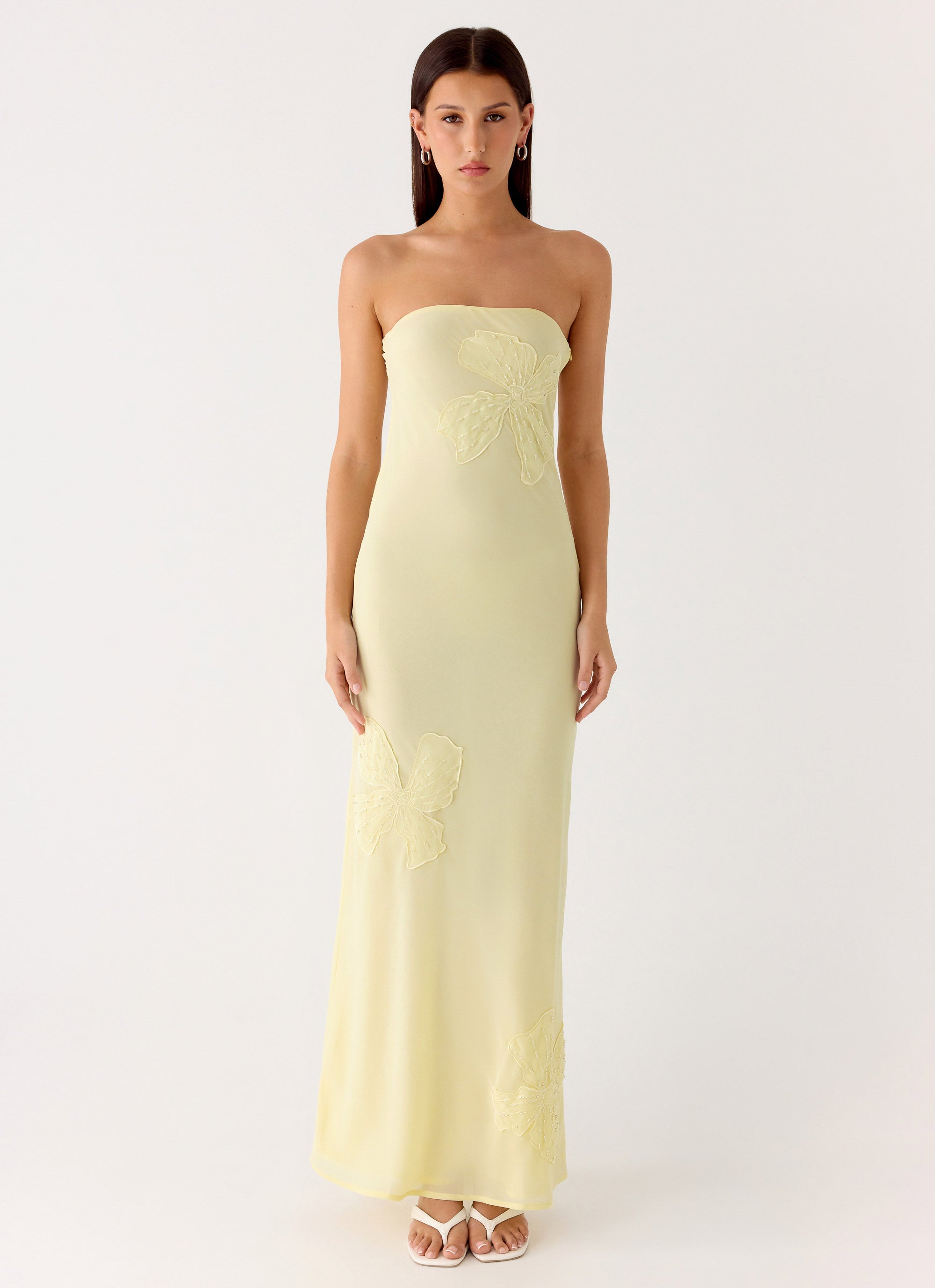 Sassafras Beaded Flower Strapless Maxi Dress - Yellow