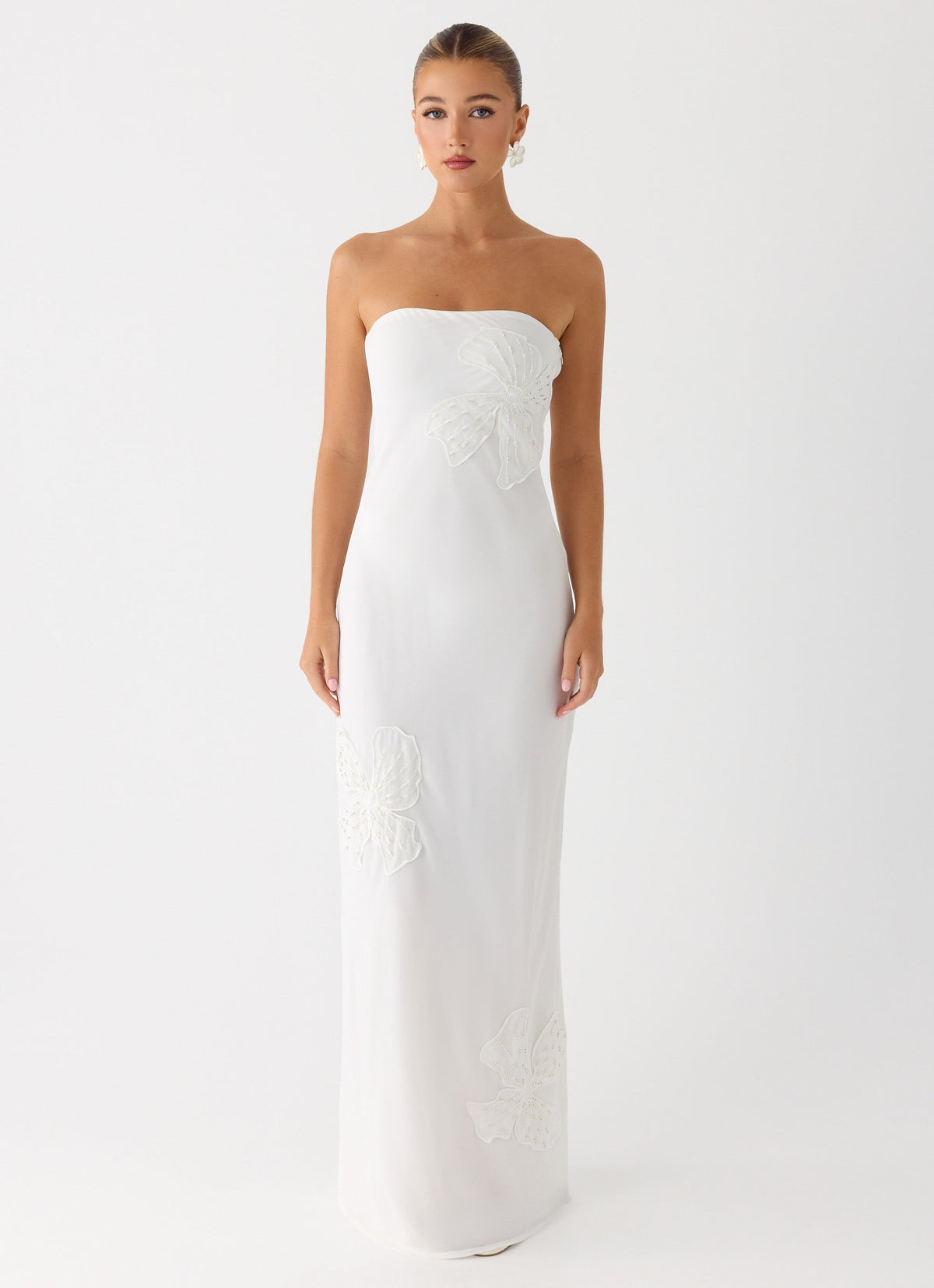 Sassafras Beaded Flower Strapless Maxi Dress - White
