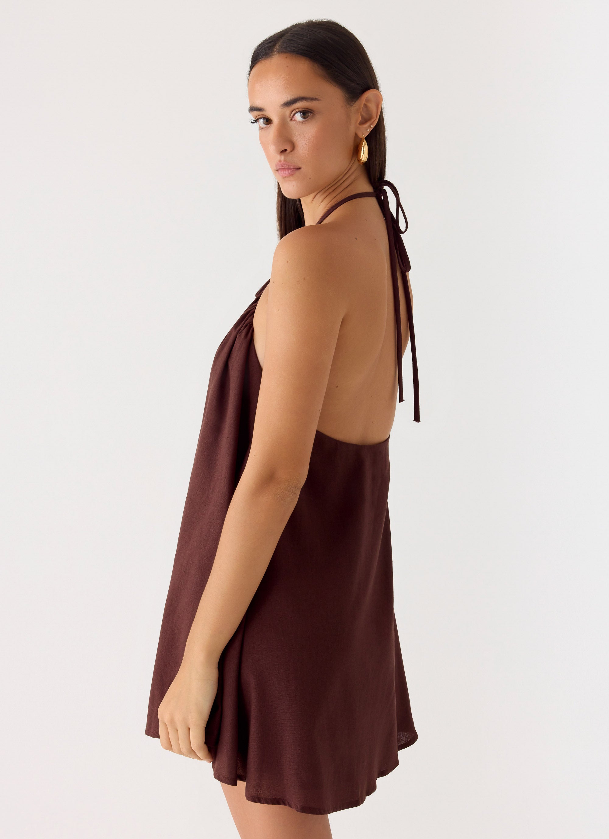 Soft Breeze Linen Mini Dress - Chocolate