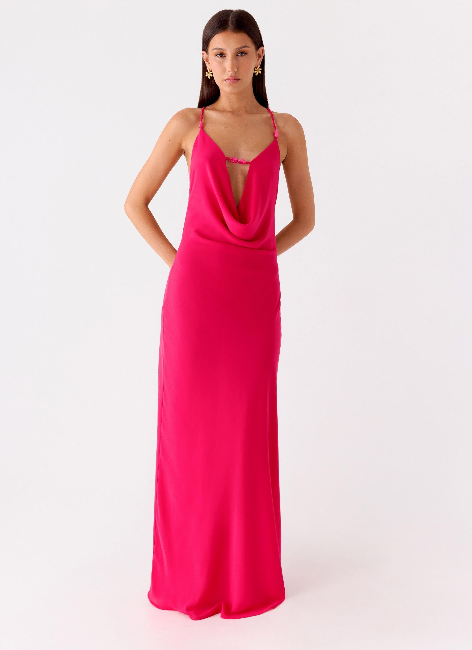 Tropic Muse Beaded Cowl Maxi Dress - Fuchsia