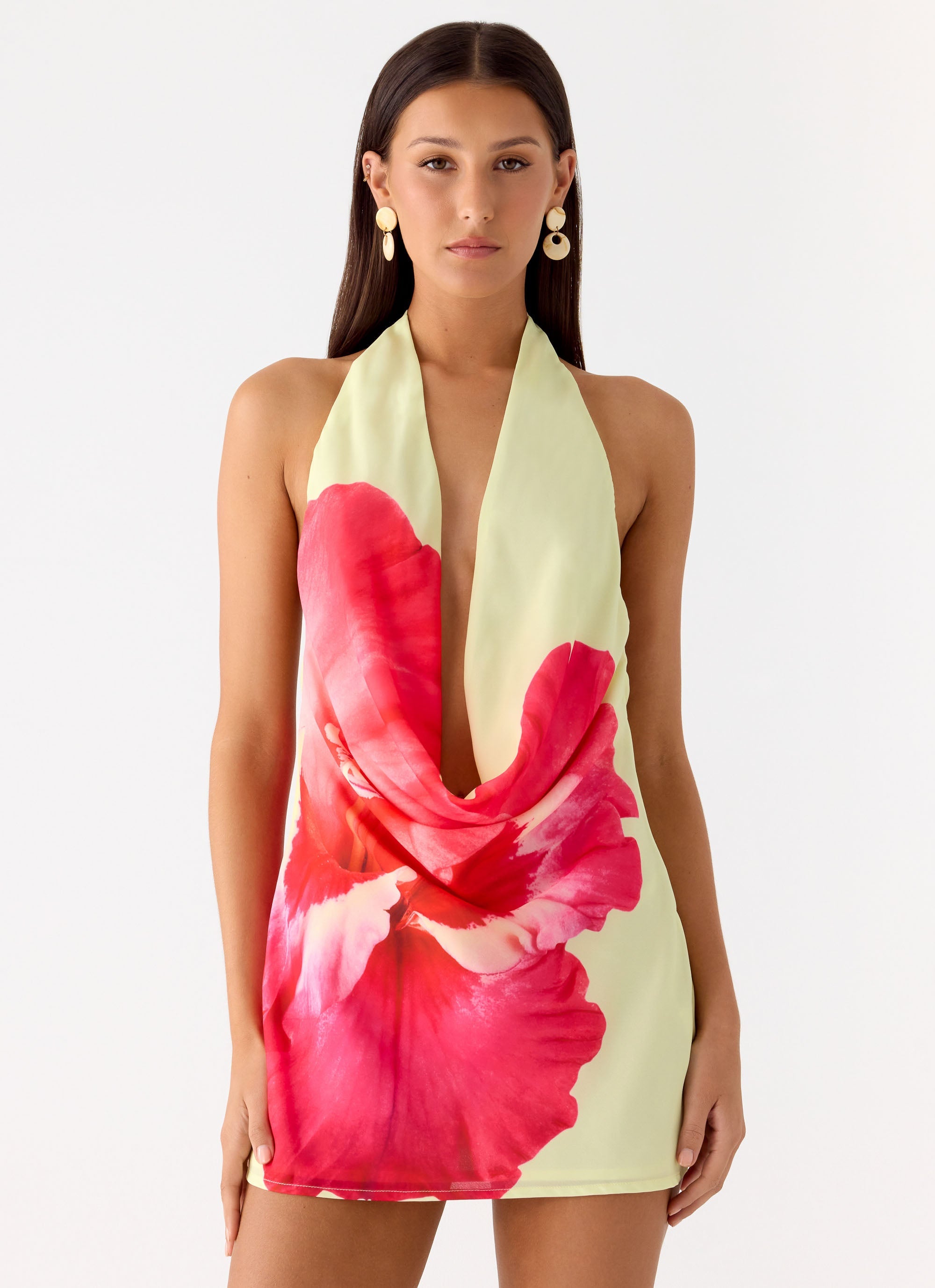 Varindra Cowl Mini Dress - Yellow Floral Spritz