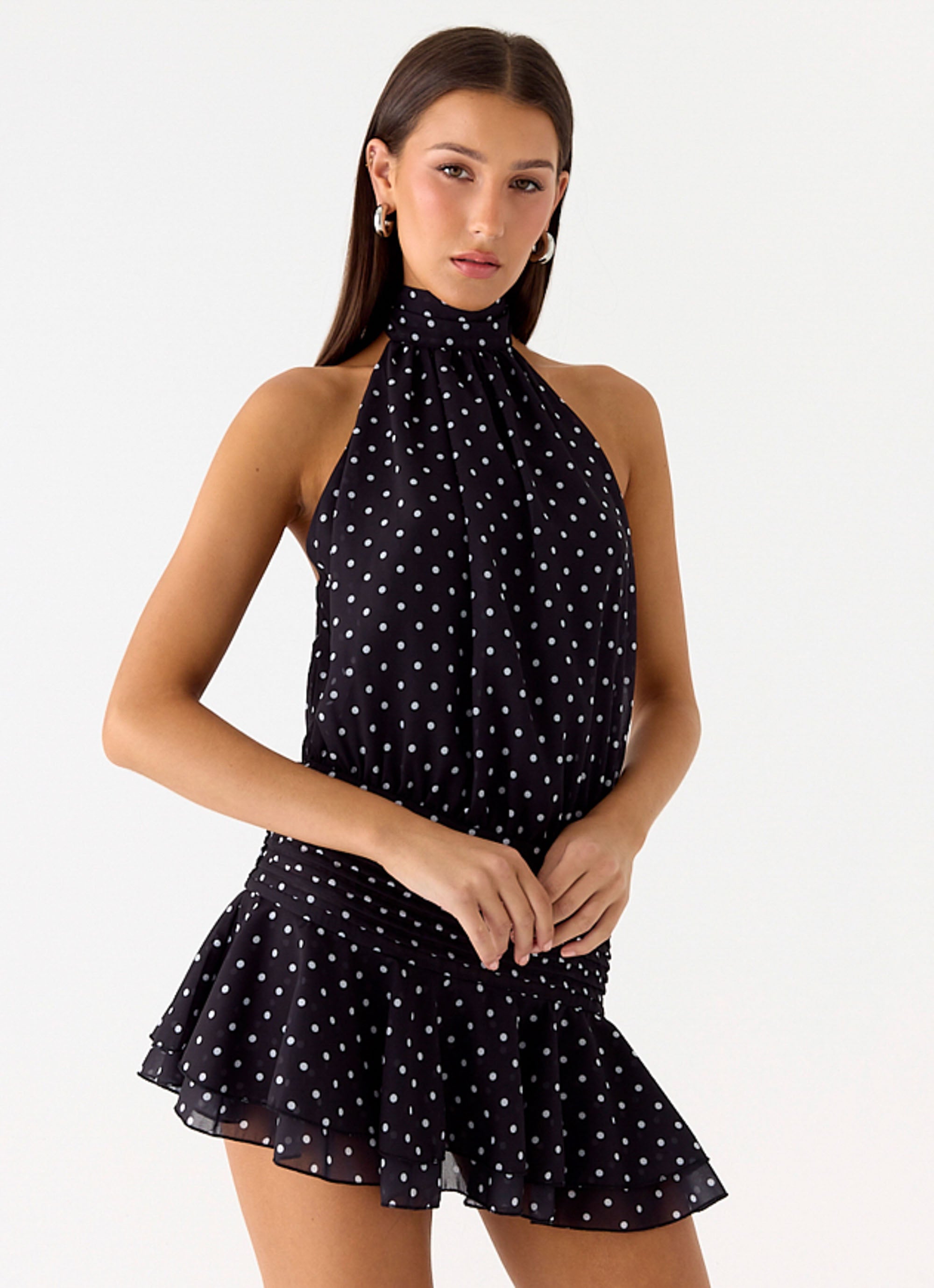 Willow Chiffon Mini Dress - Black Polkadot